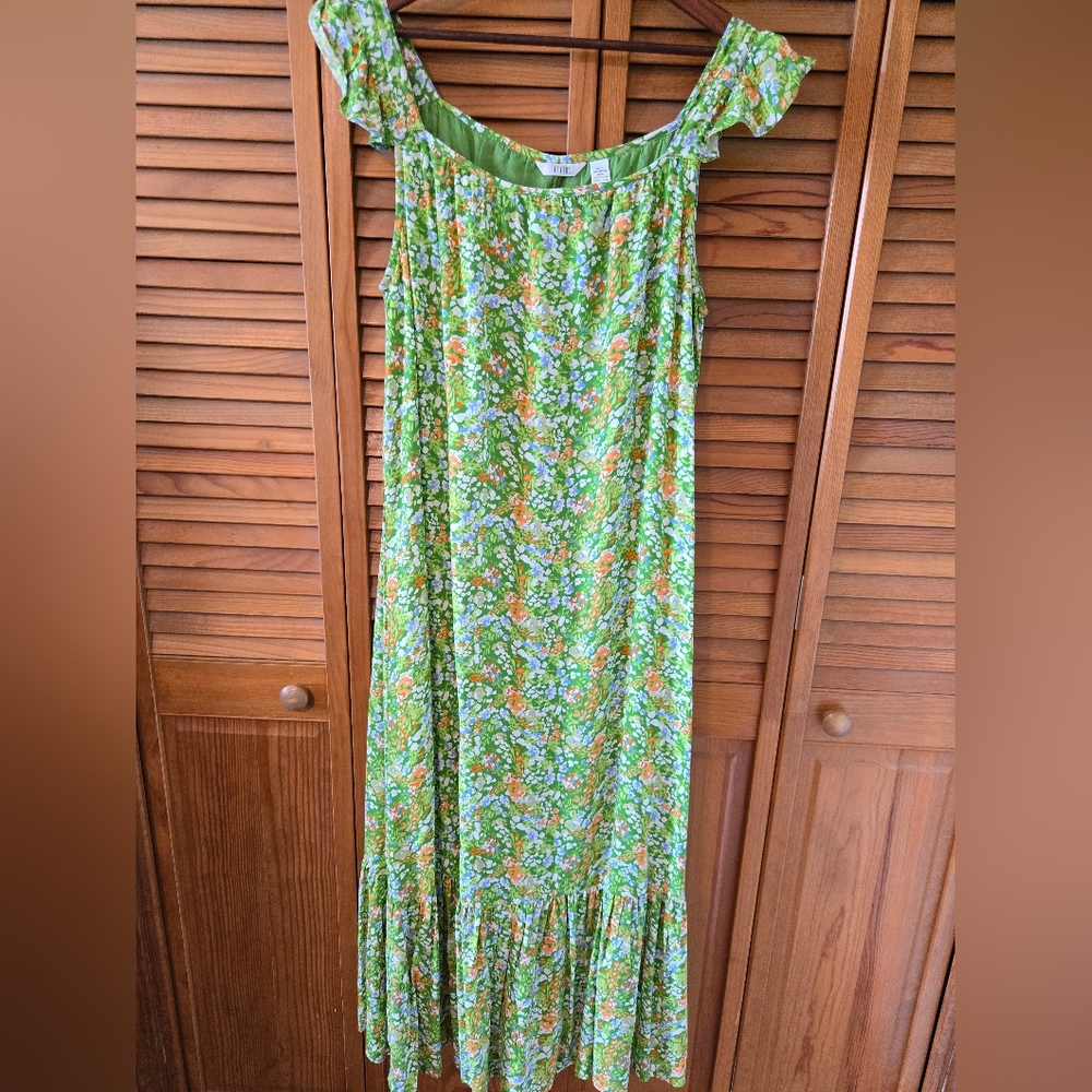 Kaktus Green and Orange Ruffled Off-Shoulder Maxi Dress